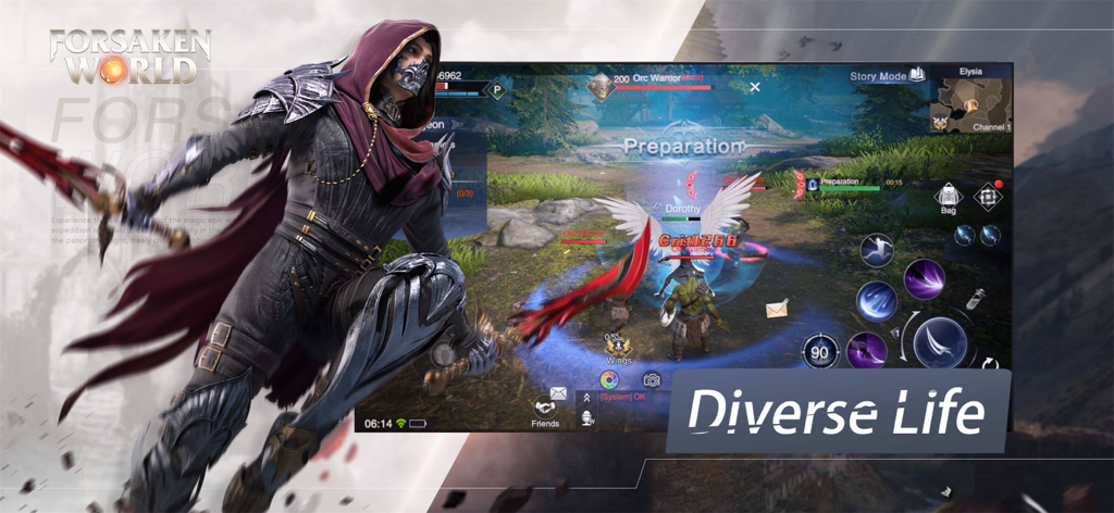 Forsaken World:Gods and Demons - Un personaje guerrero encapuchado y una escena de combate dentro del juego del MMORPG de fantasía Forsaken World