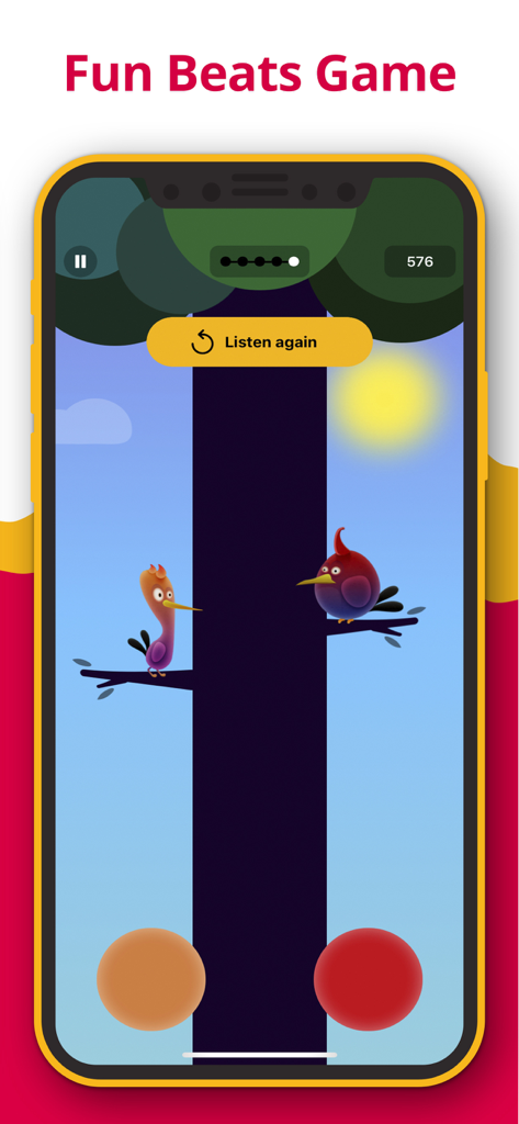 Interfaz del juego de ritmo Bird Beat con pájaros coloridos y botones de toque