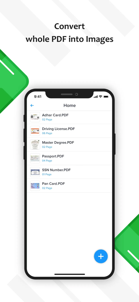 Home screen of the PDF to JPG converter app showing a list of documents like ID cards and certificates ready for conversion.