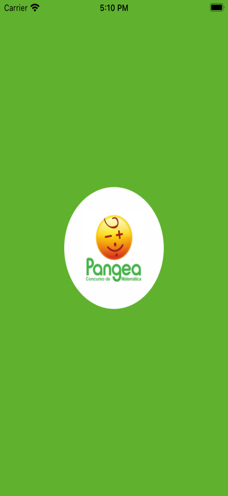 Pantalla de inicio de la aplicación Concurso de Matemáticas Pangea mostrando el logo sobre un fondo verde.