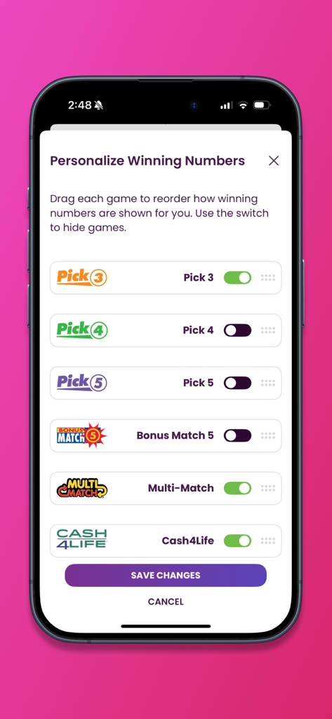 MD Lottery - A mobile screen from the MD Lottery app for personalizing and reordering winning number displays for various games