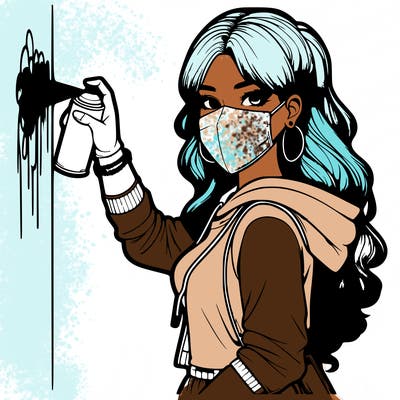 realistic girl with mask spray painting a wall