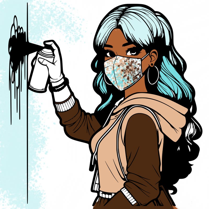 realistic girl with mask spray painting a wall