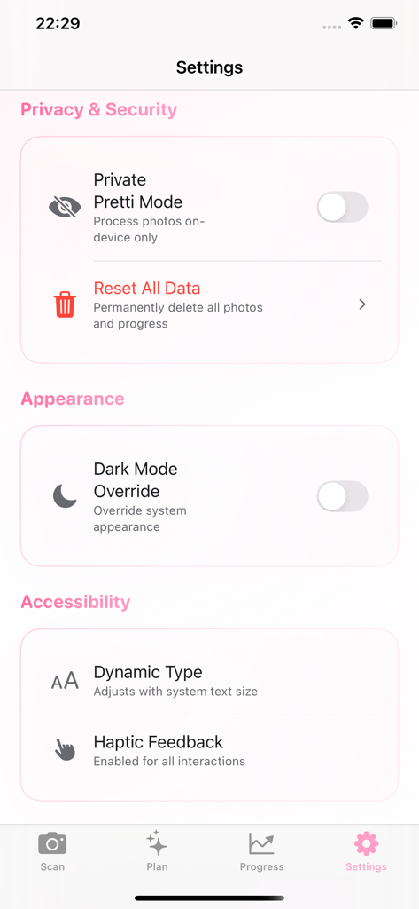 Pretti - Become Attractive - Einstellungsbildschirm der Pretti-App, der Datenschutz-, Sicherheits- und Zugänglichkeitsoptionen anzeigt.