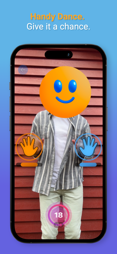 Handy Dance - Interface do aplicativo Handy Dance mostrando uma pessoa com uma máscara facial de emoji e ícones de rastreamento de mãos em realidade aumentada
