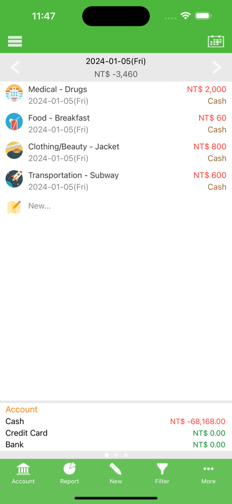 Interfaz de la aplicación móvil AndroMoney que muestra una lista diaria de gastos categorizados y saldos de cuentas