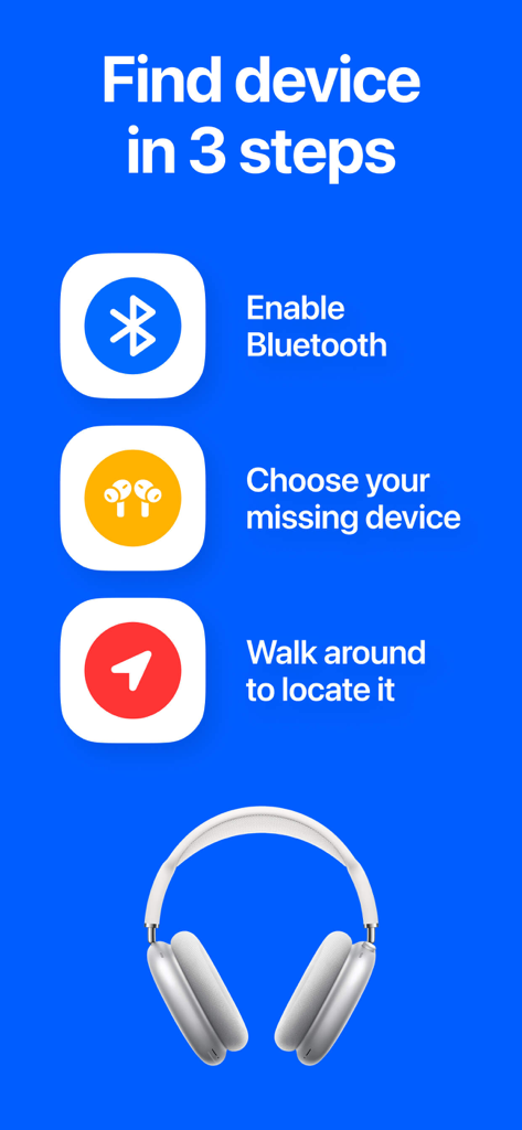 App screenshot explaining the three simple steps to find a lost Bluetooth device