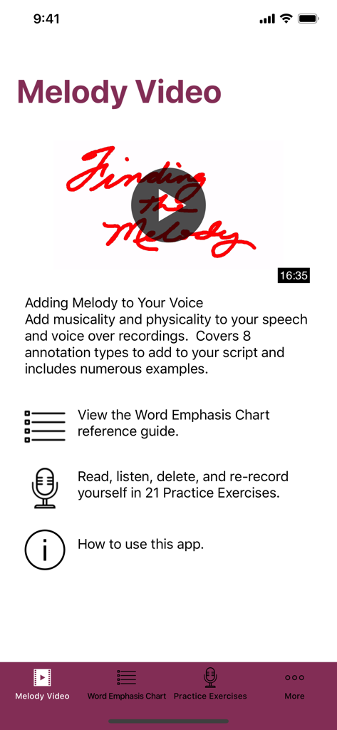 Adding Melody To Your Voice app home screen showing the video tutorial and practice exercises options