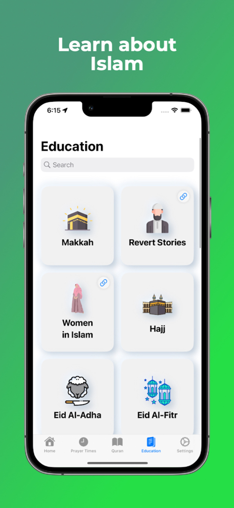 House of Islam - Interface of the House of Islam app showing educational topics like Makkah and Revert Stories