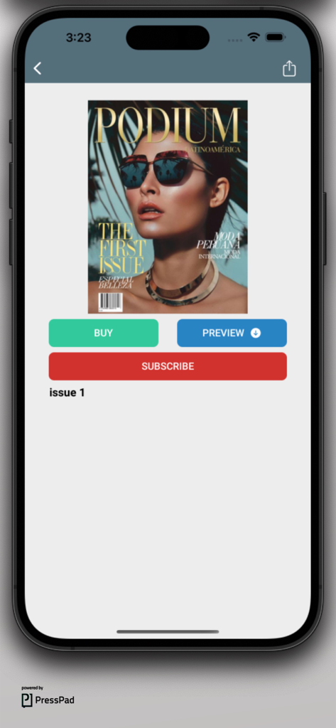 Podium Latinoamerica mobile app displaying the first issue cover of the fashion magazine with subscription options