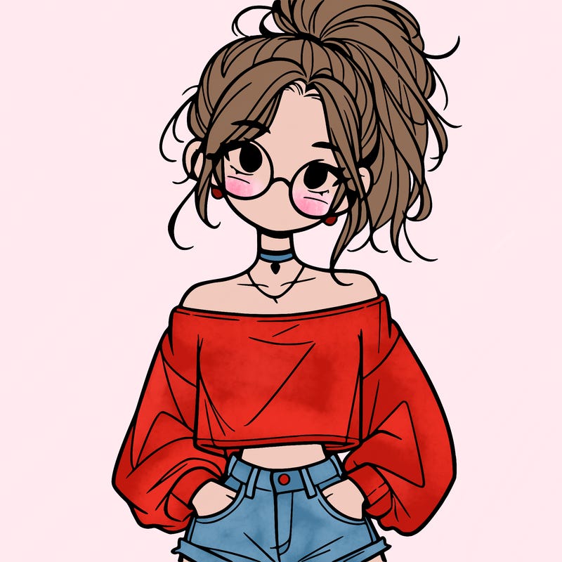 girl with a messy ponytail glasses a baggy crop top and jean shorts