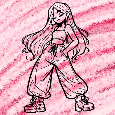 girl in baggy pants crop top and long hair