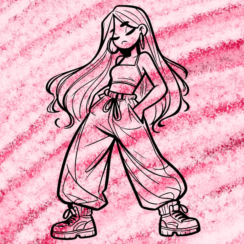 girl in baggy pants crop top and long hair