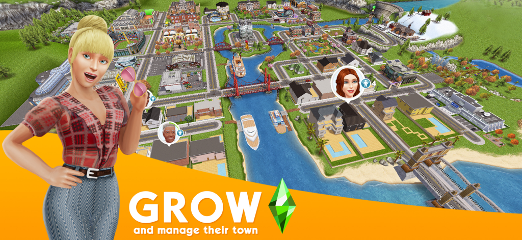 Vista aérea de una ciudad virtual en The Sims FreePlay con casas, un río y un personaje femenino con el texto haz crecer y gestiona su ciudad
