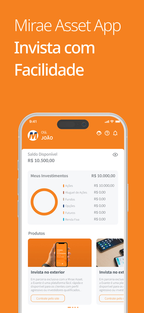 Tela de smartphone exibindo o painel do portfólio do aplicativo Mirae Asset Invest.