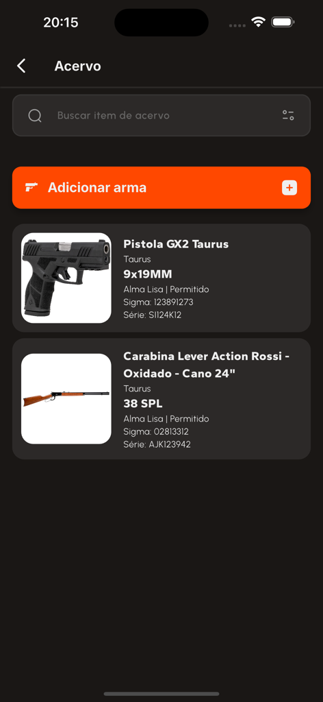 MyShooting - Mobile app screen showing a digital inventory of firearms including a pistol and a carbine with their technical details