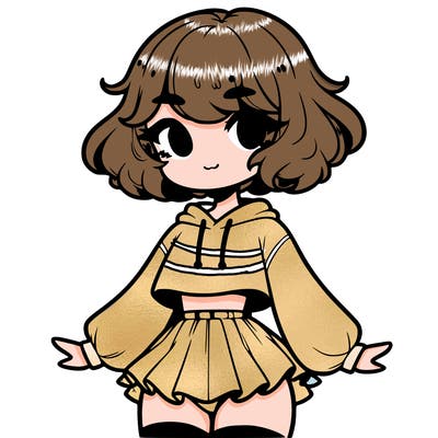 cute femboy with short, fluffy hair that softly frames their face, wearing a cropped hoodie, paired with a flouncy short skirt, and thigh-high stockings