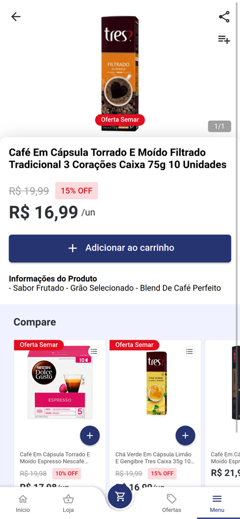 Semar Entrega - Pagina del prodotto per capsule di caffè nell'app della spesa Semar Entrega che mostra prezzo e sconto
