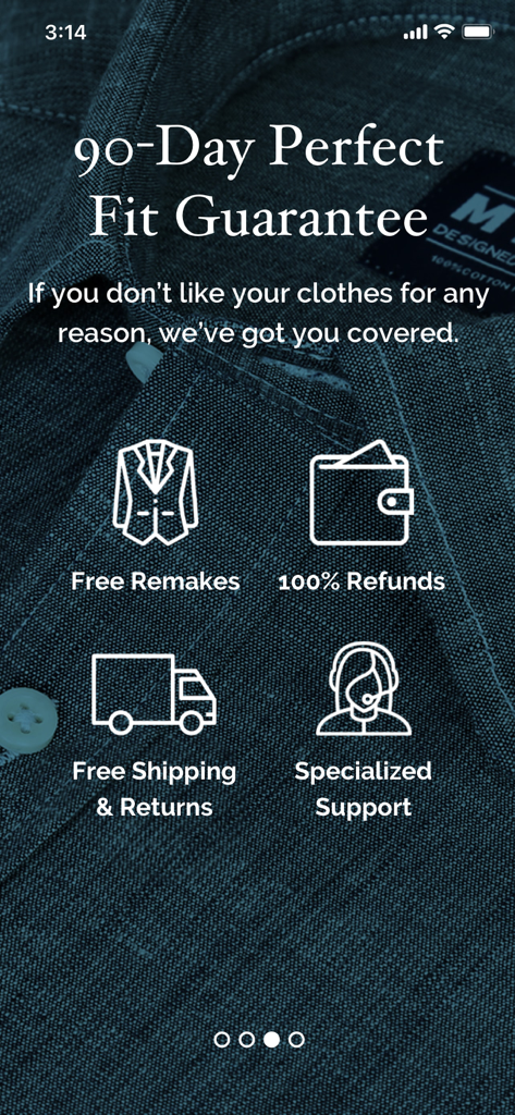 MTailor - Custom Clothing - MTailor app screen displaying 90-day perfect fit guarantee with free remakes and full refunds