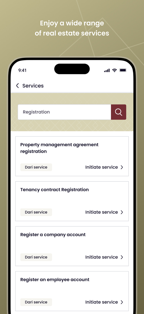 Dari - A mobile app screen showing various Abu Dhabi real estate registration services like property management and tenancy contracts within the Dari platform
