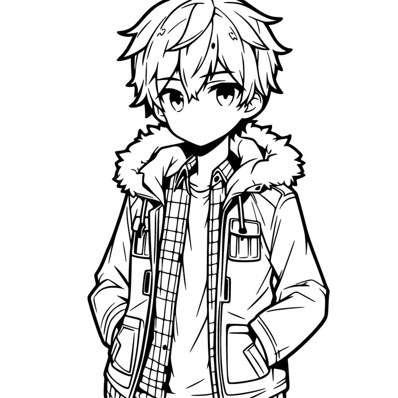 anime male, with big jacket, hands in his pockets