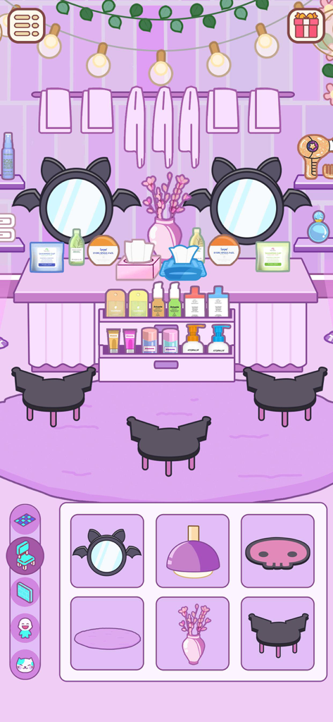Love Home: Cute Life Sim Games - A purple themed vanity room in a life simulator game with bat-eared mirrors and a furniture customization menu.