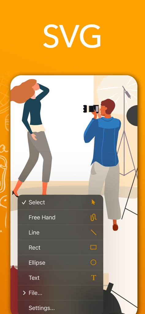 SVG Vector Editor Sketch Maker - Oberfläche der SVG Vektoreditor App, die ein Menü mit Zeichenwerkzeugen über einer Vektorillustration zeigt.