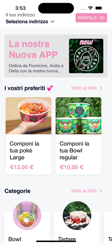 Nalu Pokè app - Home screen of the Nalu Poke app featuring options to customize poke bowls and browse food categories