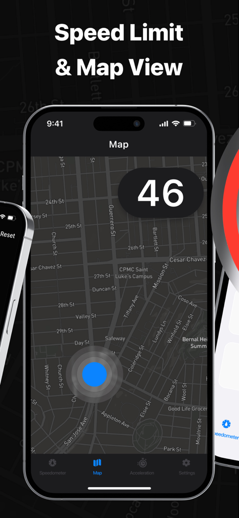 La aplicación Speedometer muestra la superposición de velocidad en tiempo real en una pantalla de navegación de mapa de calle oscura