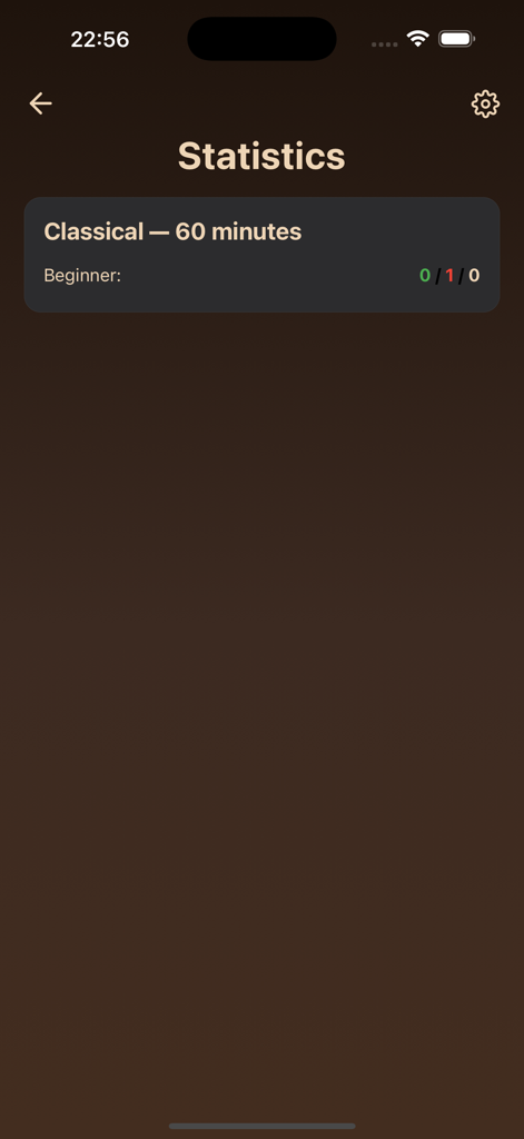 Chess Pro: vs AI & 2 Player - Menú de estadísticas en la aplicación Chess Pro que muestra el rendimiento en partidas clásicas.