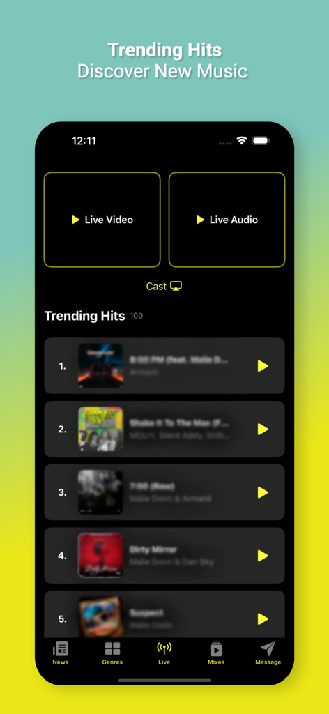 The Yellow Station - The Yellow Station app interface displaying trending music hits and live broadcast options