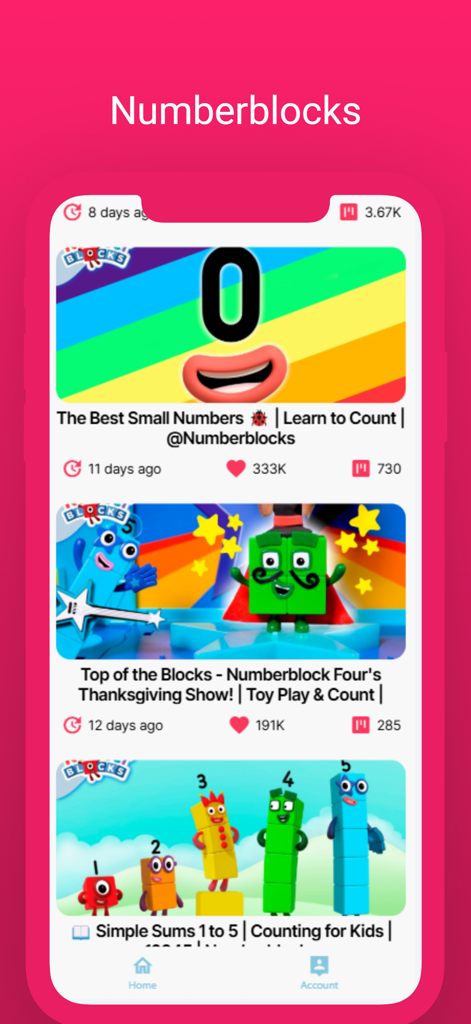 子供向けの様々な教育的算数ビデオや数え方アクティビティが表示されているNumberblocksアプリのスクリーンショット