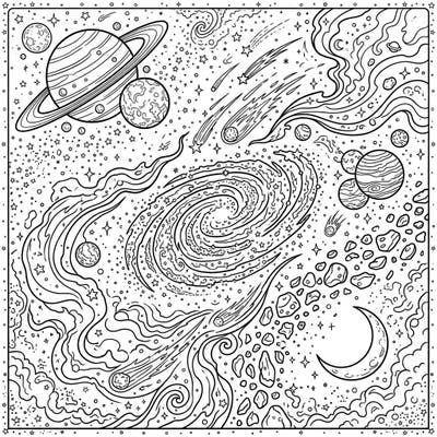Dive into the boundless beauty of the universe with this intricate space-themed coloring page. Featuring planets, galaxies, stars, and more, it's perfect for anyone ready to bring cosmic wonders to life with color.