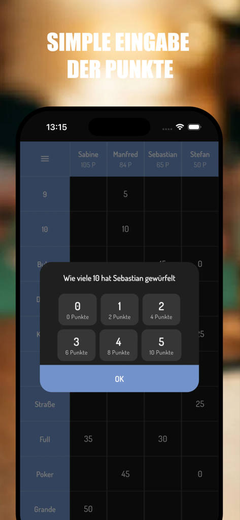 Escalero - Poker Dice Notepad - A digital score tracking interface for Escalero and Poker Dice games showing a score input menu on an iPhone.