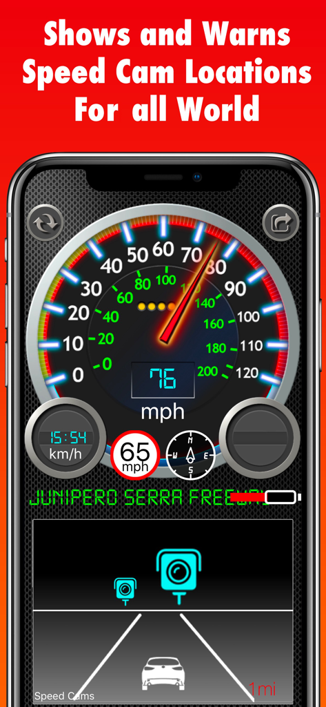 Speedmeter Plus app interface showing a digital speedometer with speed camera alerts and current speed limit.