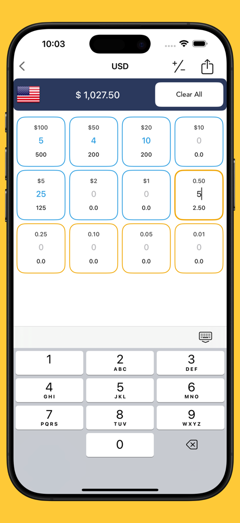 Money Counter app interface showing US dollar denominations and a total calculation of one thousand twenty seven dollars
