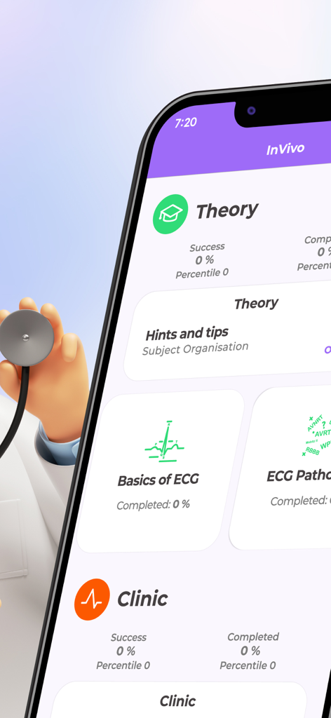 InVivo: ECG (EKG) Course - Interface of the InVivo ECG app showing theory and clinic modules for medical learning