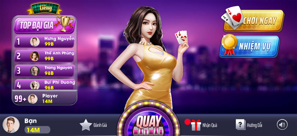 Menú principal del juego de cartas Lieng Cao To con una tabla de clasificación de los mejores jugadores y una mujer con un vestido dorado