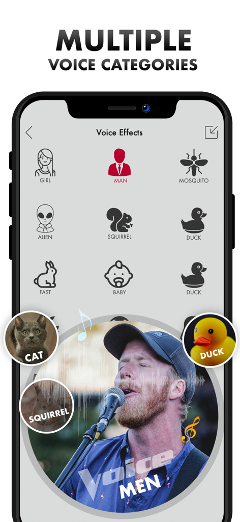 Voice Changer Women - Mobile app interface of Voice Changer Women showing various voice categories like Girl Man Alien and Squirrel