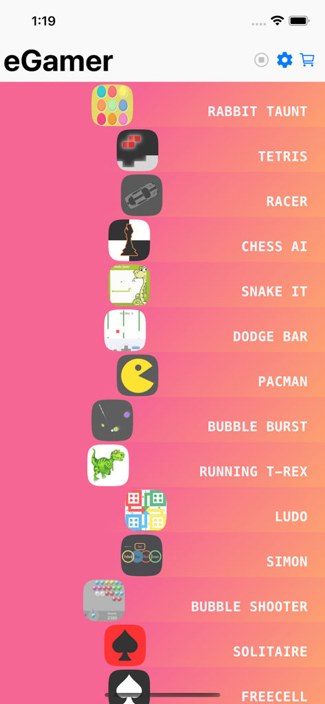 eGamer - eGamer app menu displaying a list of classic games like Tetris Chess and Solitaire