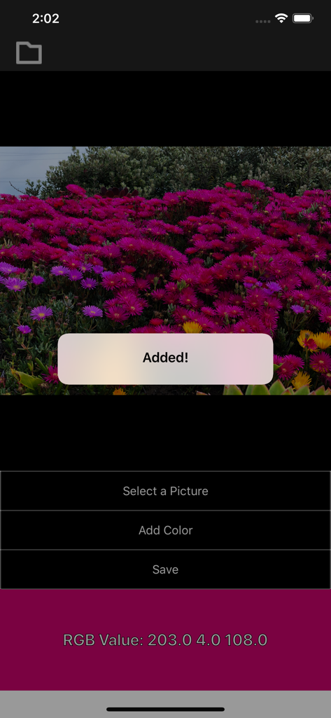 iDrop 앱이 밝은 분홍색 꽃 이미지에서 RGB 색상 코드를 추출하는 중