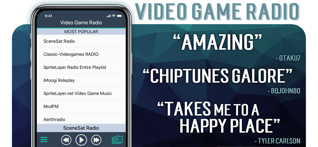 Video Game Radio - Video Game Radio app interface showing popular chiptune and retro game music stations with user reviews.
