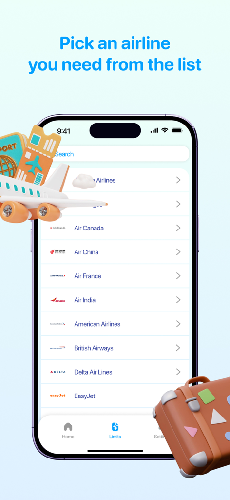 Luggify: AR Luggage Scanner - Luggify app interface showing a list of airlines for luggage size limit verification