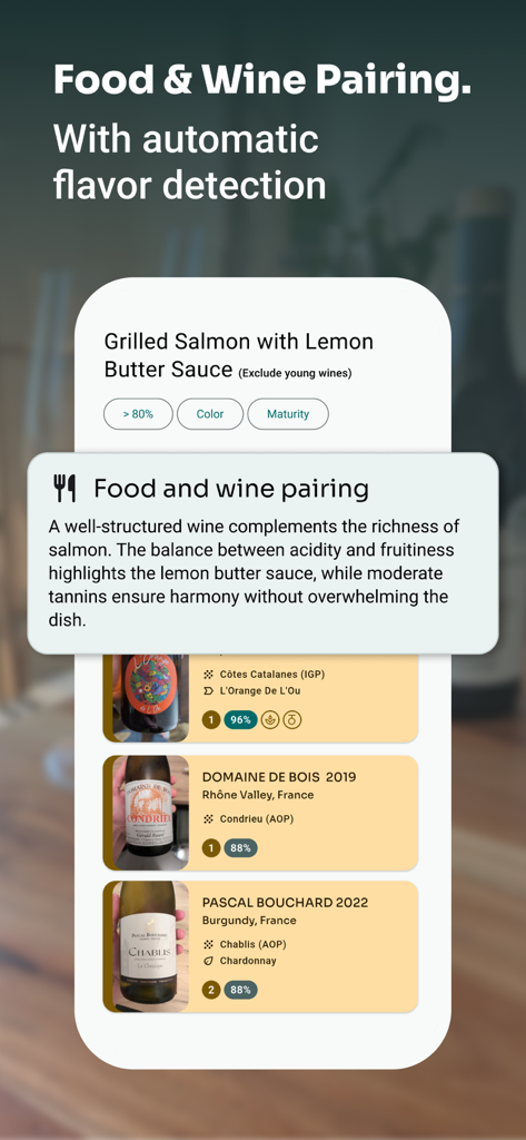 Vinara - Wine cellar manager - Vinara app interface showing food and wine pairing recommendations for grilled salmon with lemon butter sauce.