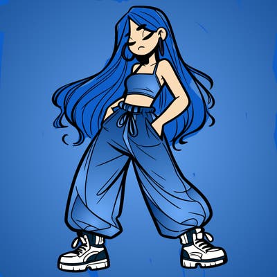 girl in baggy pants crop top and long hair