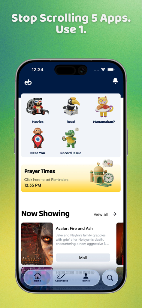 Pantalla de smartphone que muestra la pantalla de inicio de la aplicación Yibi con funciones integradas para películas, comida local y horarios de oración en Brunéi.
