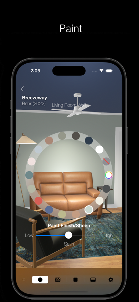 Room Genie 6D Design Simulator - Room Genie app interface showing AR wall paint color selection and finish options in a living room