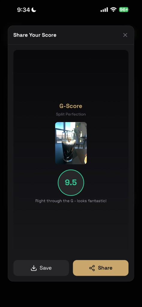 G-Score - A G-Score app screenshot showing a 9.5 rating for a perfect Guinness pint split on the share screen.