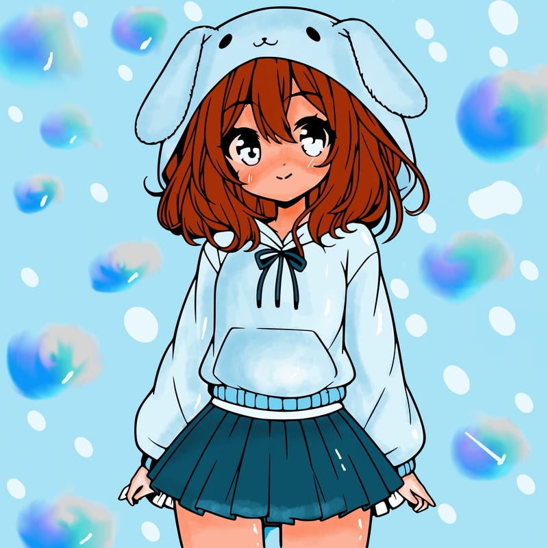 pretty anime girl wearing a fluffy hoodie with bunny ears on the hood and a skirt