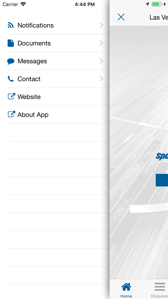 Sports Network 앱의 사이드 네비게이션 메뉴, 알림, 문서 및 메시지 옵션 표시